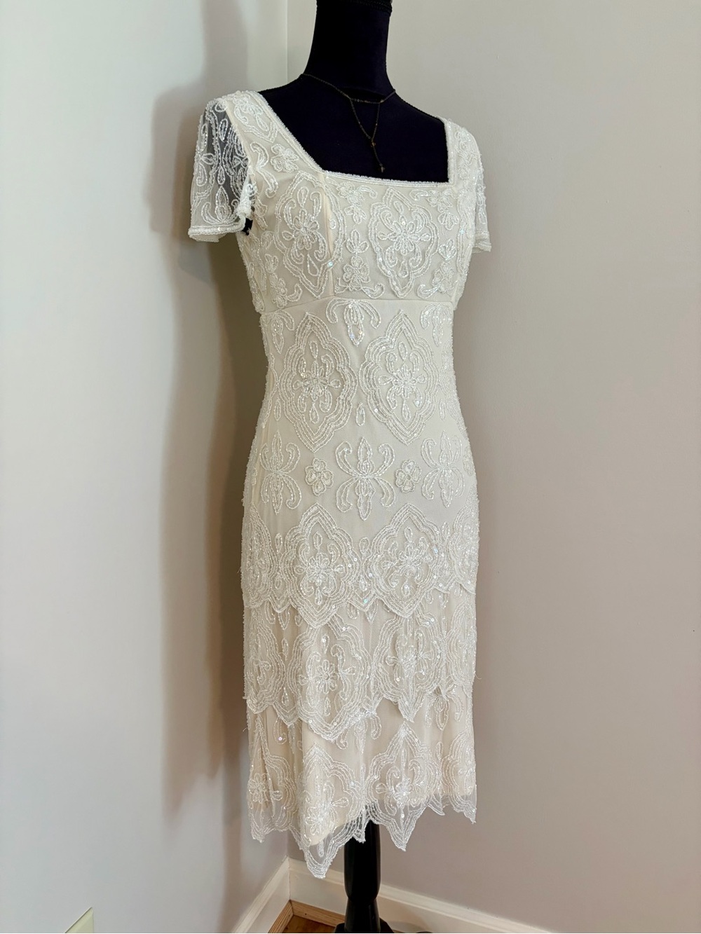 Nordstrom Ivory Beaded Lace Square-Neck Cocktail Dress